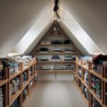 Tidy attic with folded clothes on shelves