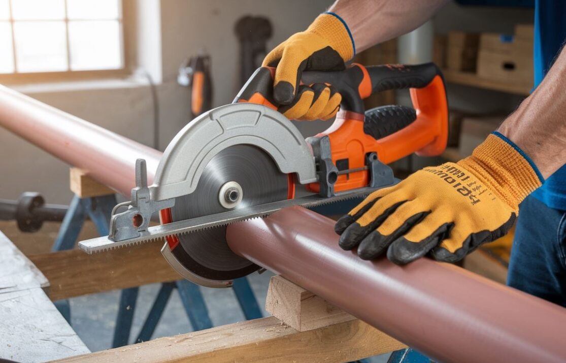 Bezpieczne cięcie rury PCV wzdłuż przy użyciu piły ręcznej