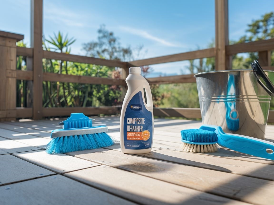 Środek czyszczący umieszczony obok desek kompozytowych